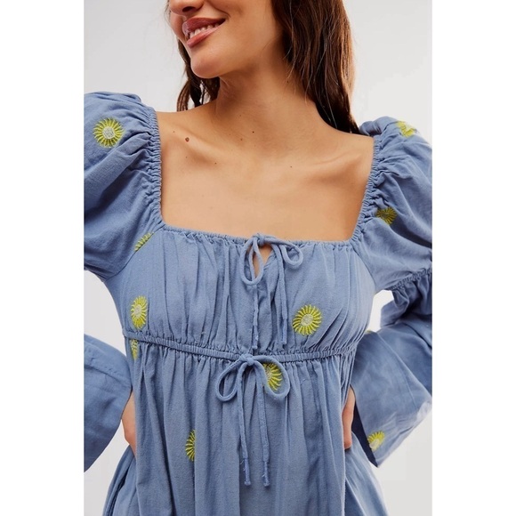 Free People Emory Embroidered Sun Chambray Midi Dress Cotton Linen Puff Sleeve - Picture 3 of 12